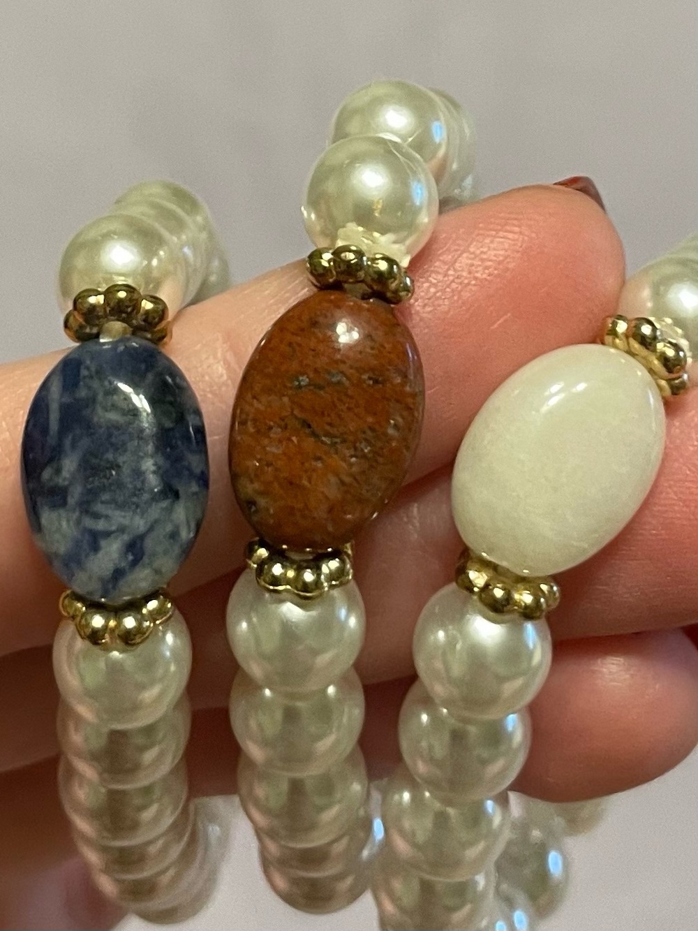 Set of 3 Faux Pearl Stretch Bracelets with Natural Gemstone Accent